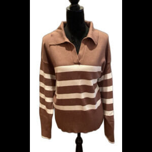 Lillusory Sweater Size Medium Collared V Neck Striped Tan & Cream Super Soft
